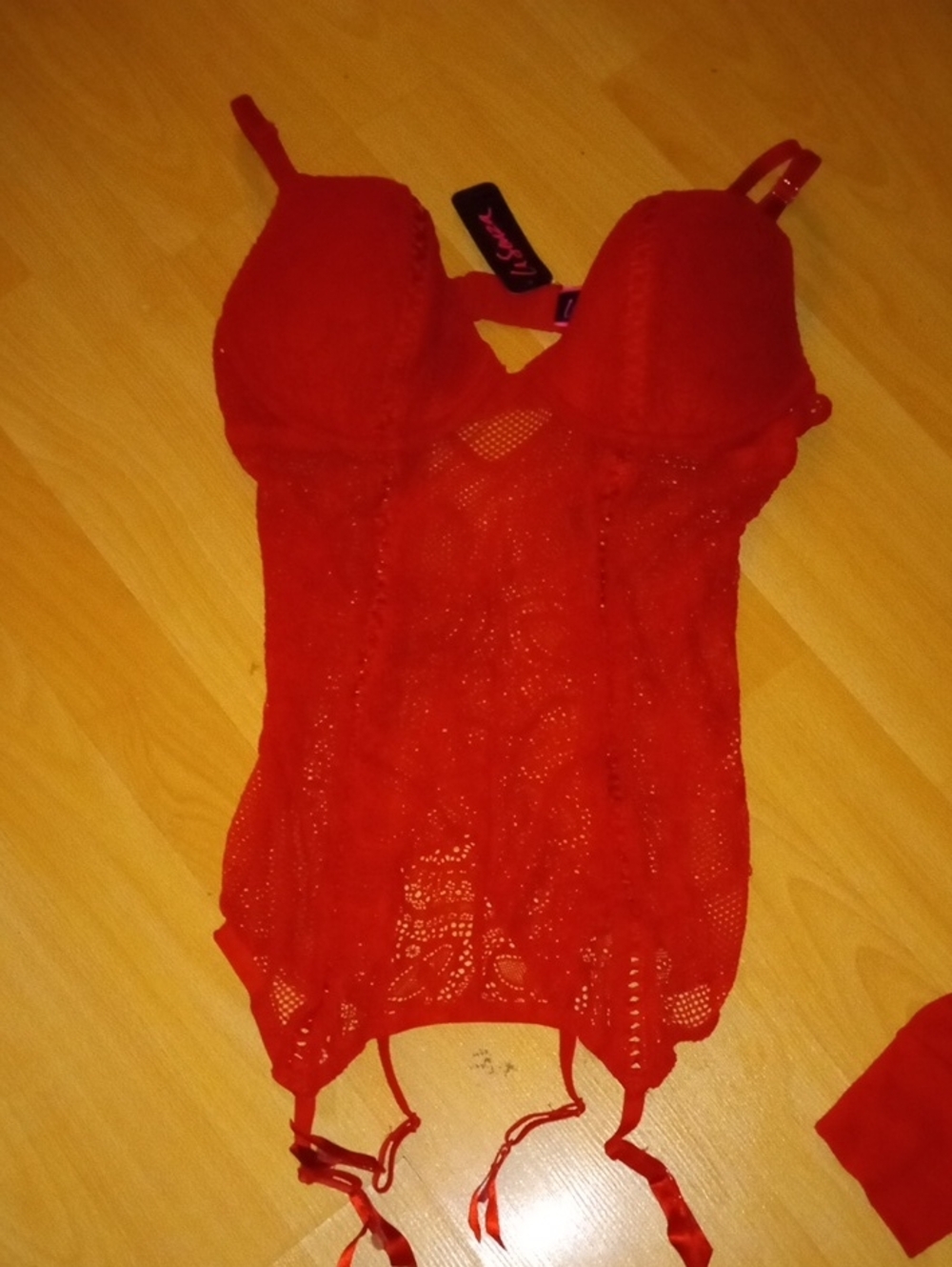 La SENZA Red Lace Bustier Bodysuit with Garters